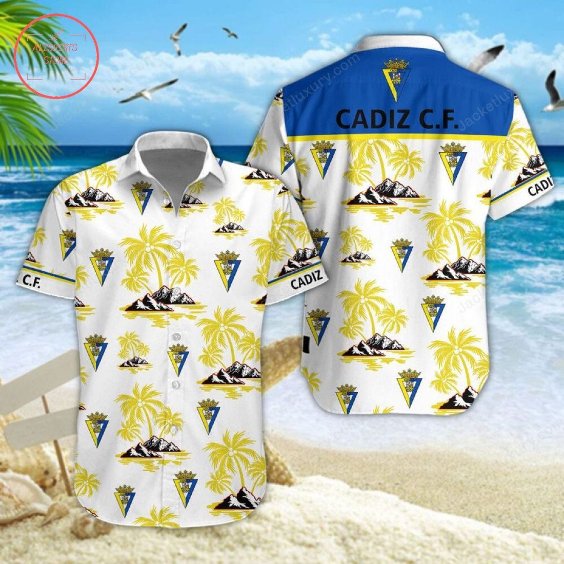 C?Diz Cf Coconut Tree White Blue Trendy Hawaiian Shirt Aloha Shirt
