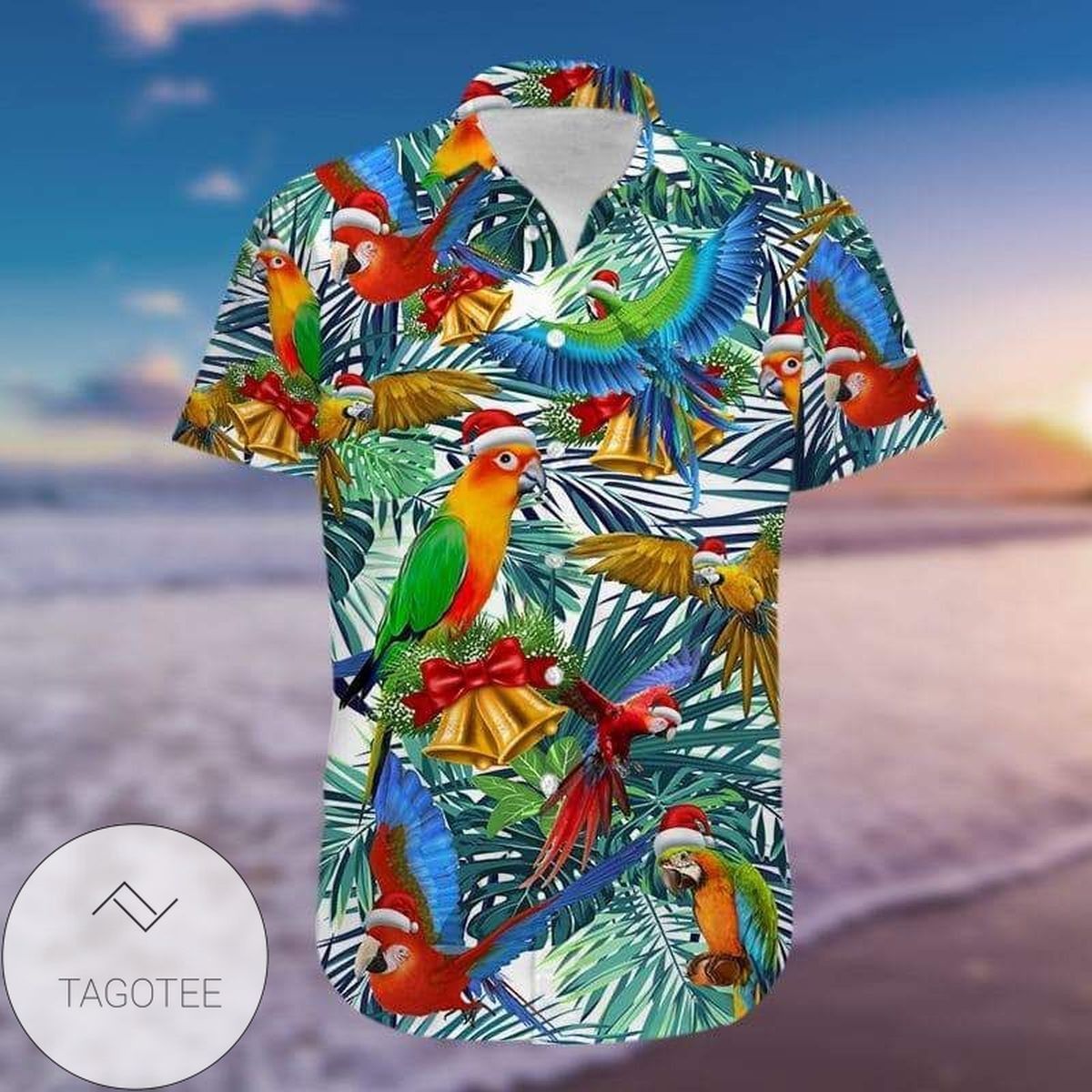 Celebrating Christmas with Adorable Parrot on Tropical Hawaiian Shirt