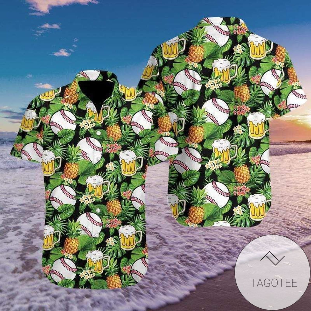 Celebrating the Union of Baseball and Beer on Tropical Hawaiian Shirt