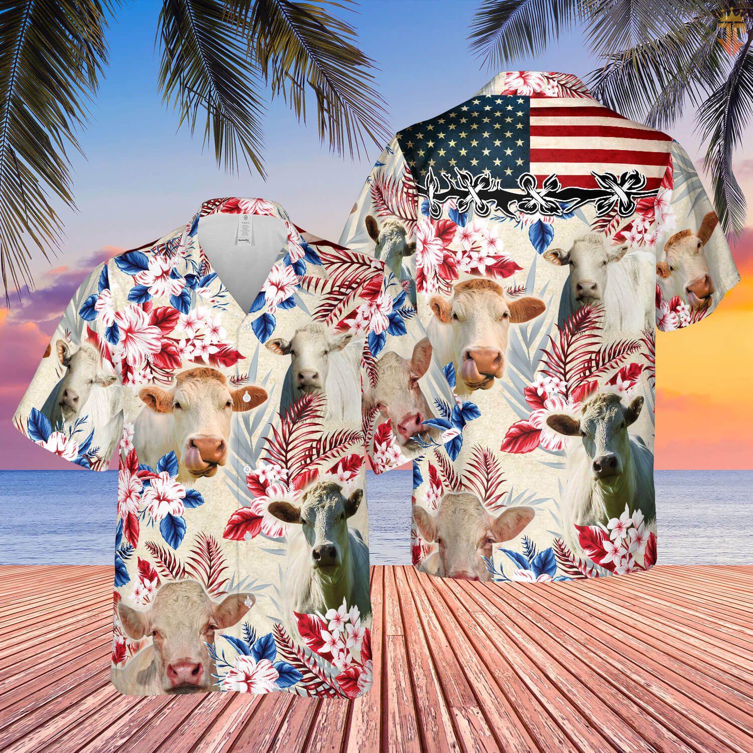 Charolais Cattle American Flag Hawaiian Flowers All Over Printed 3D Hawaiian Shirt