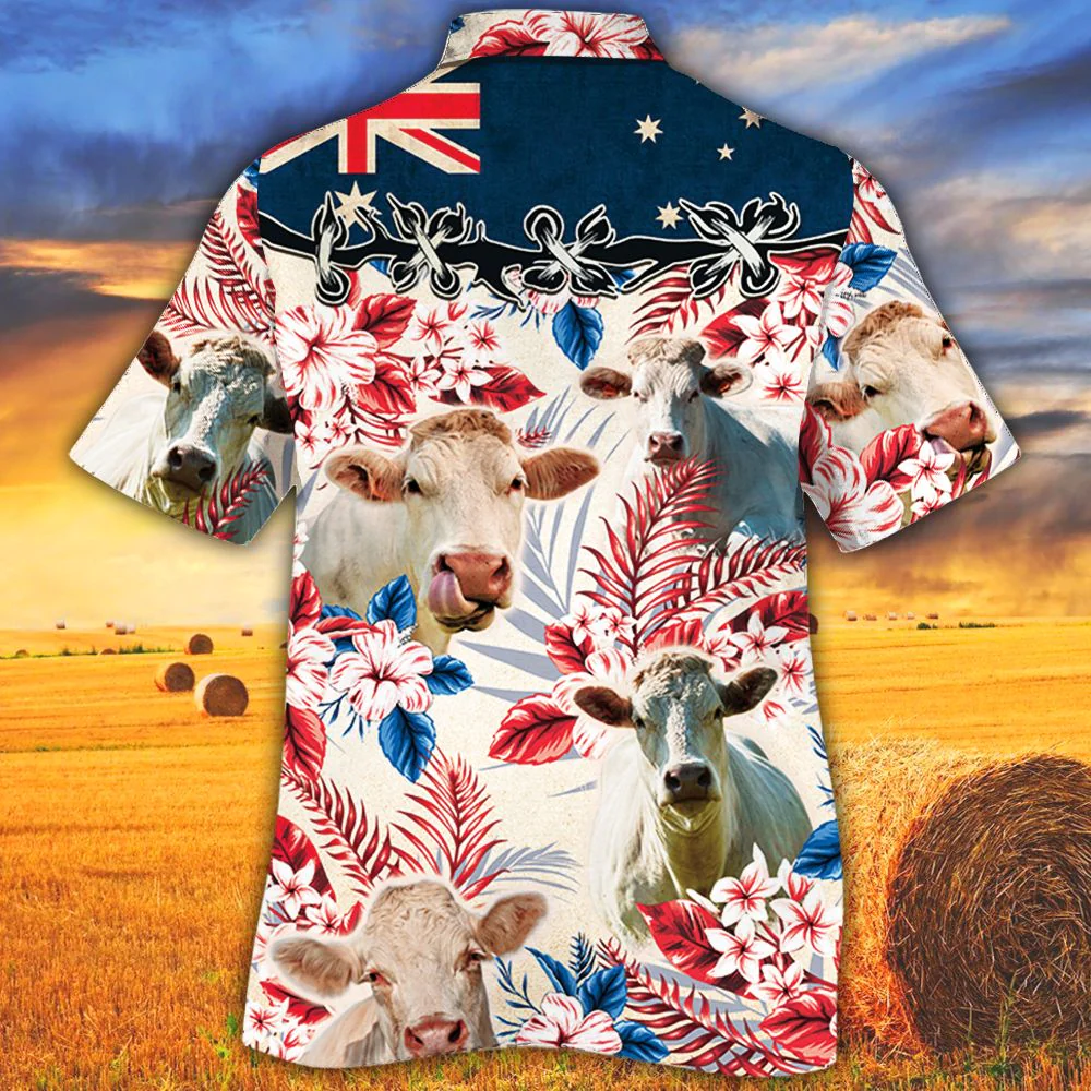 Charolais Cattle Australian Flag Hawaiian Flowers All Over Printed 3D Hawaiian Shirt