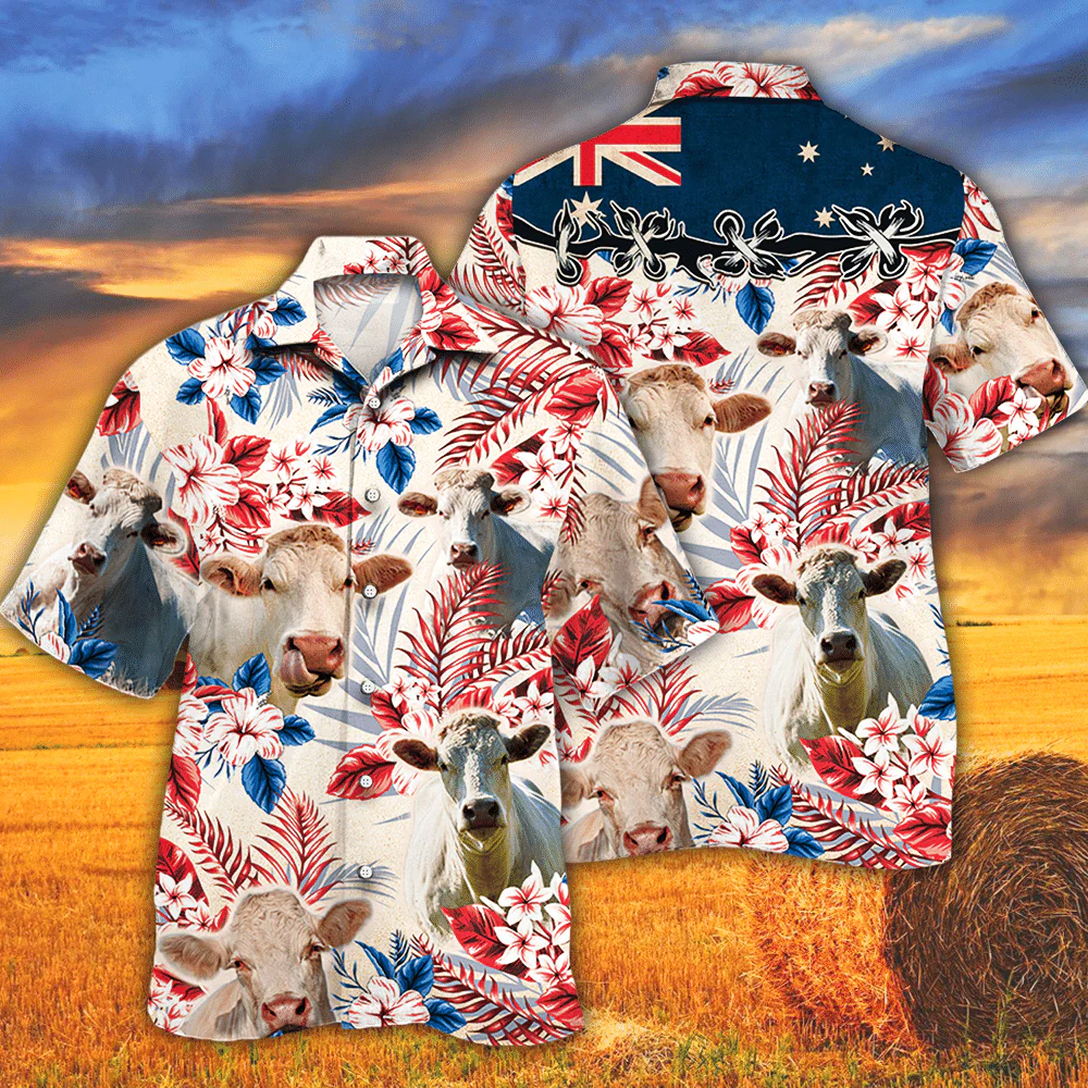 Charolais Cattle Australian Flag Hawaiian Flowers All Over Printed 3D Hawaiian Shirt Charolais Cattle Australian Flag Hawaiian Flowers All Over Printed 3D Hawaiian Shirt