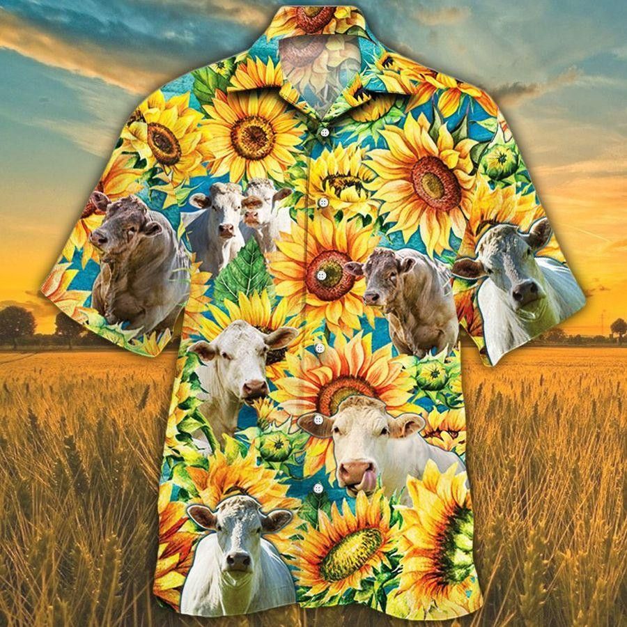 Charolais Cattle Enthusiasts Watercolor Sunflower Hawaiian Summer Shirt