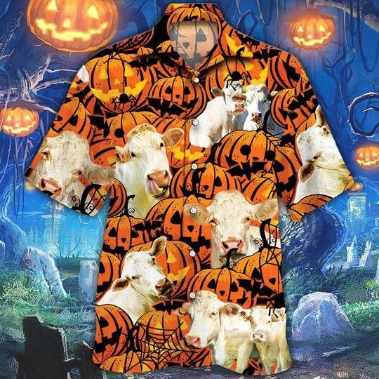 Charolais Cattle Halloween Pumpkin Trendy Hawaiian Shirt For