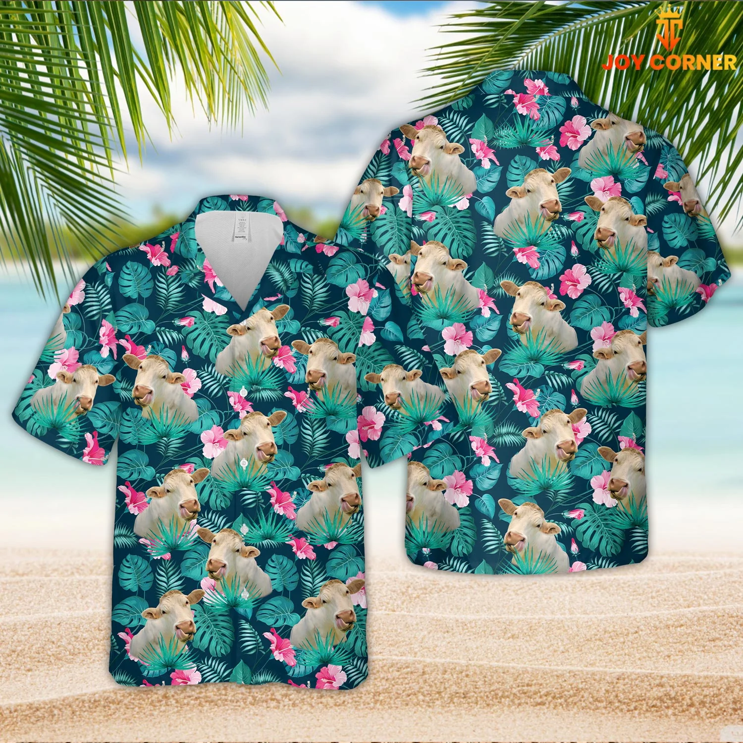Charolais Cattle In Blue Summertime Florals Hawaiian Shirt