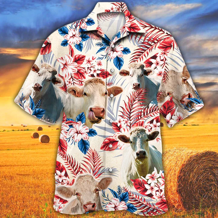 Charolais Cattle Lovers American Flag Trendy Hawaiian Shirt, Cow Flower Aloha Trendy Hawaiian Shirt, Cow Trendy Hawaiian Shirt Vintage, Trendy Hawaiian Shirt Men