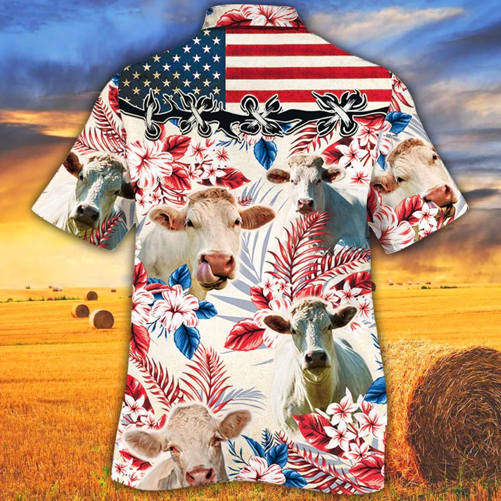 Charolais Cattle Lovers American Flag Trendy Hawaiian Shirt, Cow Flower Aloha Trendy Hawaiian Shirt, Cow Trendy Hawaiian Shirt Vintage, Trendy Hawaiian Shirt Men