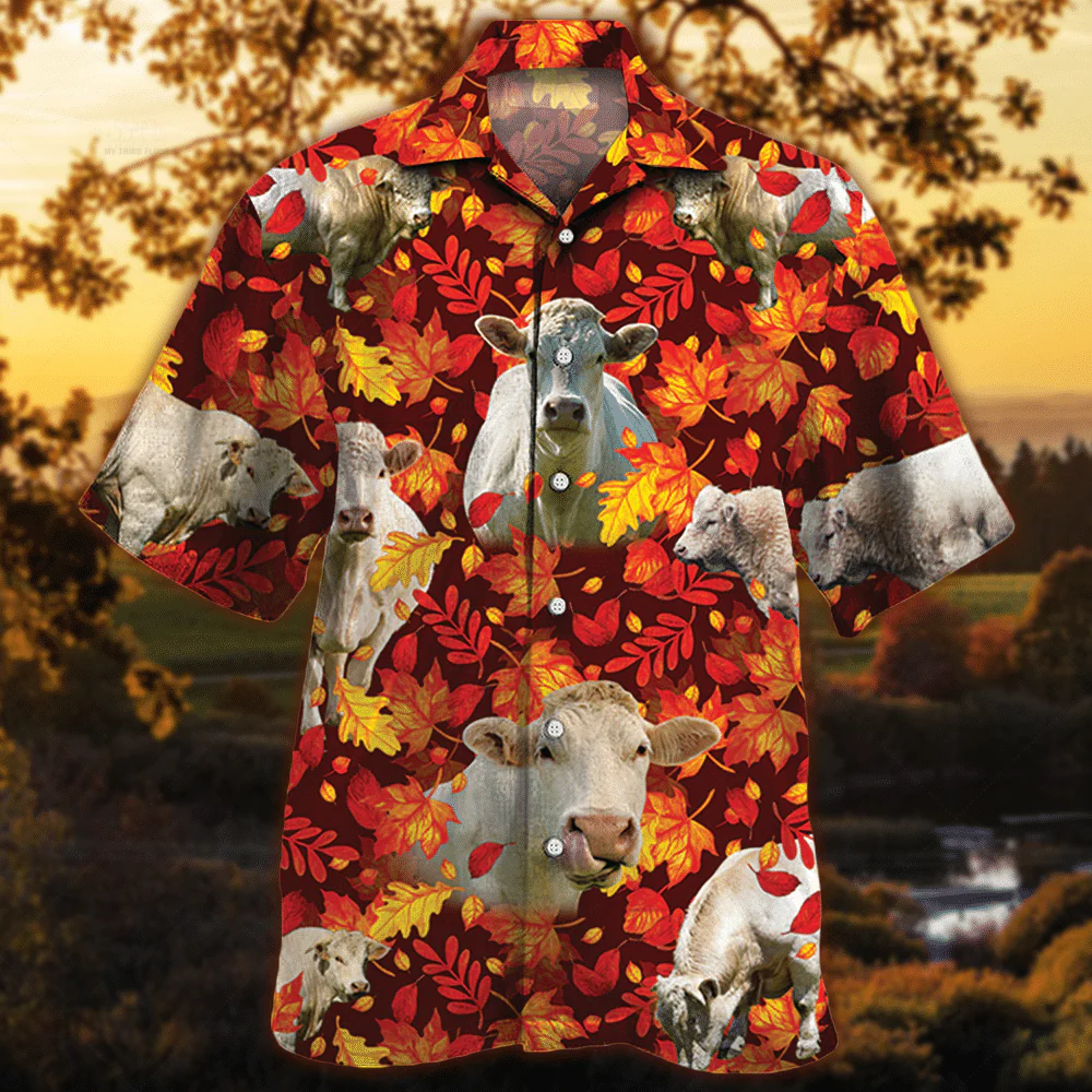 Charolais Cattle Lovers Autumn Red Leaves Trendy Hawaiian Shirt, Cow Trendy Hawaiian Shirt For Summer Gifts Charolais Cattle Lovers Autumn Red Leaves Trendy Hawaiian Shirt, Cow Trendy Hawaiian Shirt For Summer Gifts
