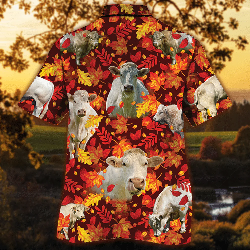 Charolais Cattle Lovers Autumn Red Leaves Trendy Hawaiian Shirt, Cow Trendy Hawaiian Shirt For Summer Gifts