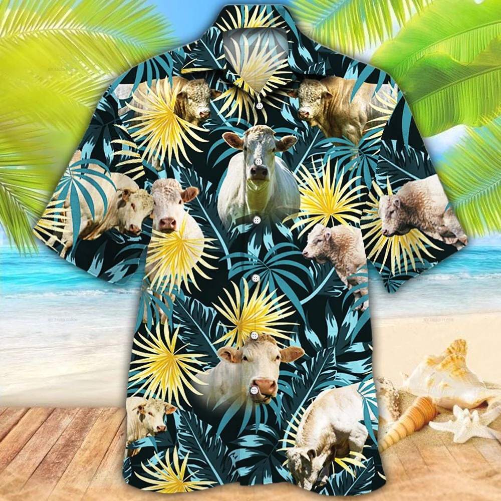 Charolais Cattle Lovers Blue And Yellow Plants Trendy Hawaiian Shirt