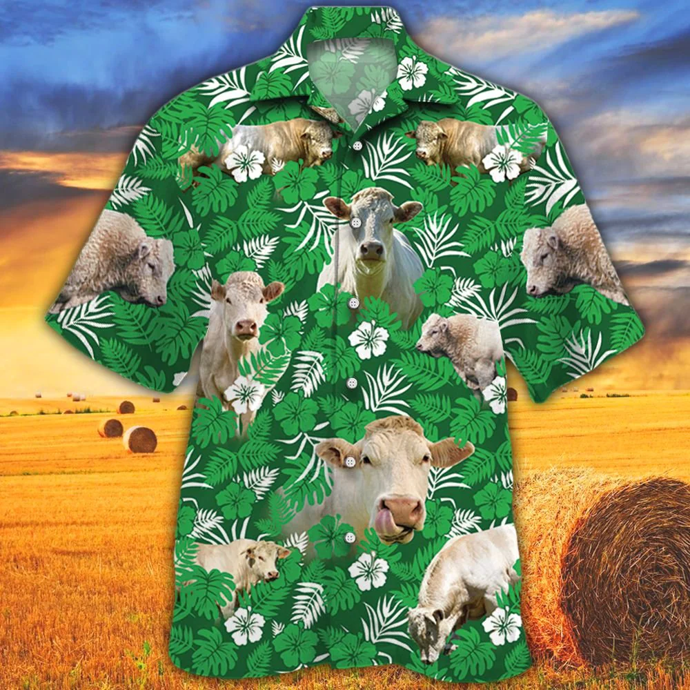 Charolais Cattle Lovers Green Floral Pattern Trendy Hawaiian Shirt, Cow Trendy Hawaiian Shirt For Summer Gifts
