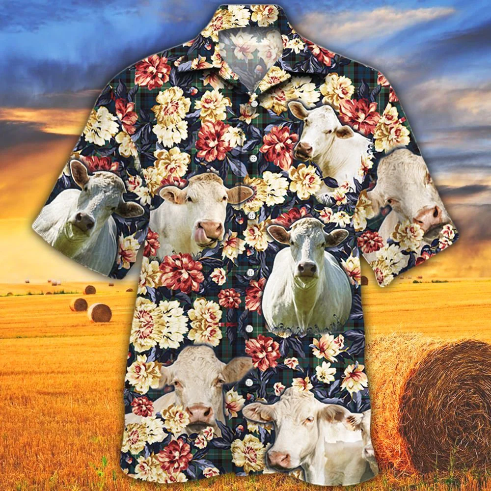 Charolais Cattle Lovers Green Plaid Pattern Trendy Hawaiian Shirt, Cow Trendy Hawaiian Shirt For Summer Gifts