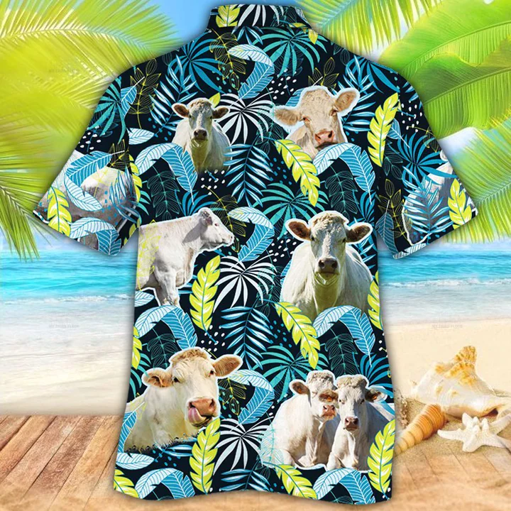 Charolais Cattle Lovers Jungle Leaves Trendy Hawaiian Shirt, Cow Flower Aloha Shirt, Trendy Hawaiian Shirt Men, Women