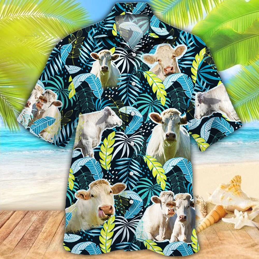 Charolais Cattle Lovers Jungle Leaves Trendy Hawaiian Shirt, Cow Trendy Hawaiian Shirt For Summer Gifts