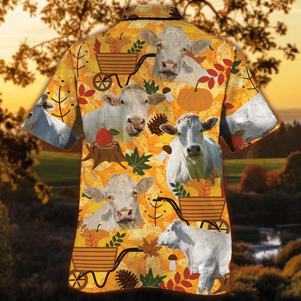 Charolais Cattle Lovers Orange Nature Autumn Trendy Hawaiian Shirt, Cow Trendy Hawaiian Shirt For Summer Gifts