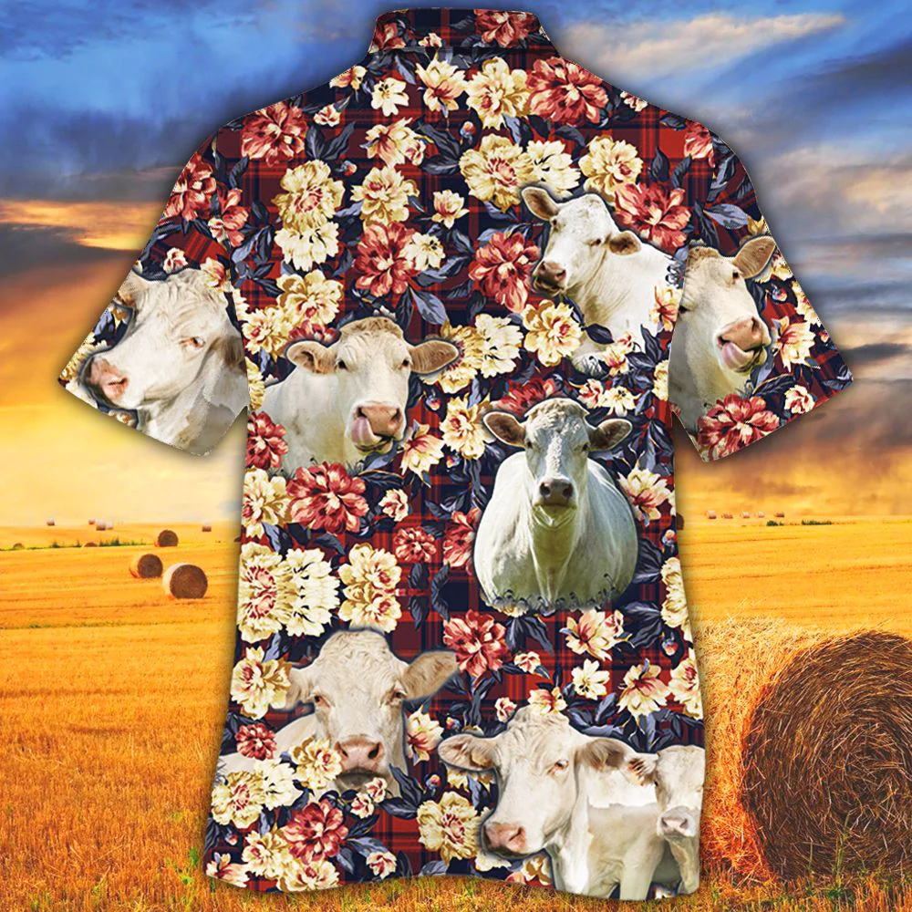Charolais Cattle Lovers Red Plaid Pattern Trendy Hawaiian Shirt, Cow Trendy Hawaiian Shirt For Summer Gifts