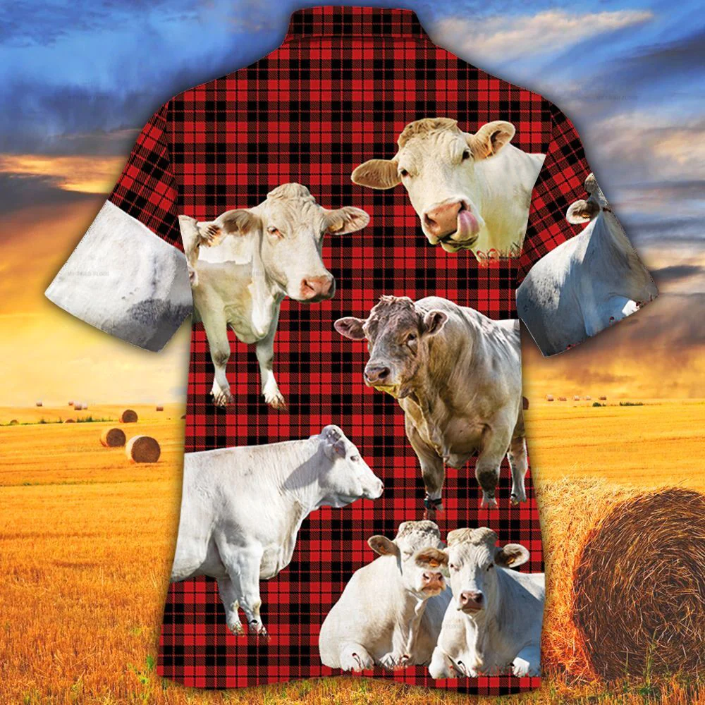 Charolais Cattle Lovers Red Tartan Pattern Trendy Hawaiian Shirt, Cow Trendy Hawaiian Shirt For Summer Gifts
