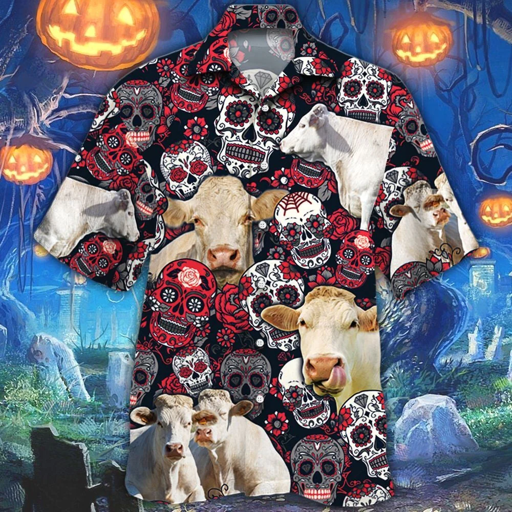 Charolais Cattle Lovers Sugar Skull Floral Trendy Hawaiian Shirt