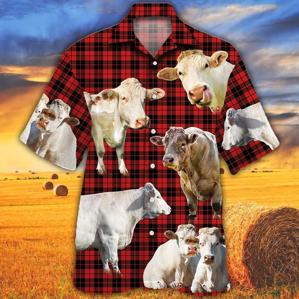 Charolais Cattle Red Tartan Pattern All Over Printed 3D Hawaiian Shirt