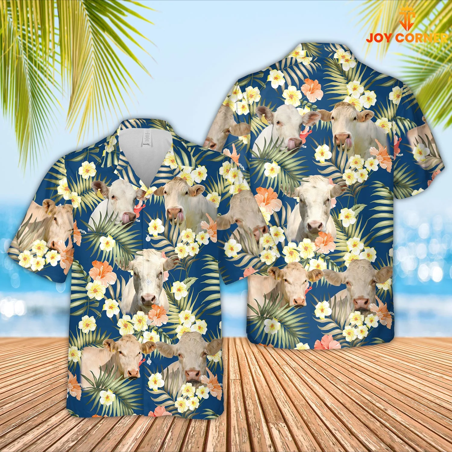 Charolais Cattle Summertime Blue Floral Theme Hawaiian Shirt 3D