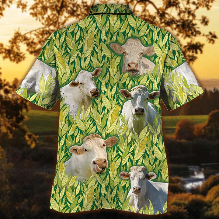 Charolais Cattle Trendy Hawaiian Shirt, Vintage Farm Trendy Hawaiian Shirts For Men, Animals Button Down Mens Trendy Hawaiian Shirts