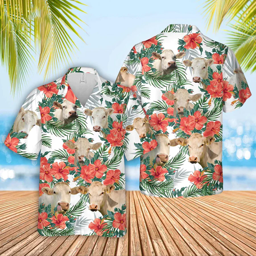 Charolais Cow No Horn Hawaiian Flowers Trendy Hawaiian Shirt, Gift For Farm Clothing, Summer Gift For Men And Women
