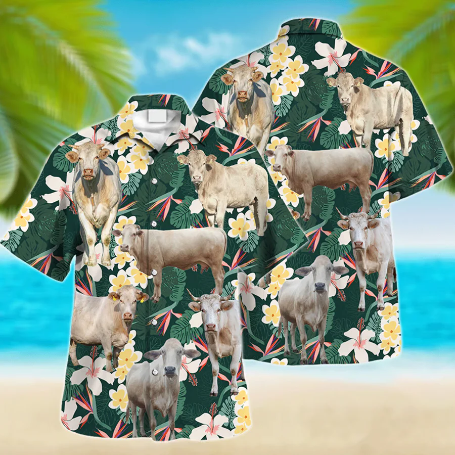 Charolais Cow Trendy Hawaiian Shirt, Farm Lover Hawaii Shirt, Trendy Hawaiian Shirt Men, Hawaiian Casual Button Down Shirt