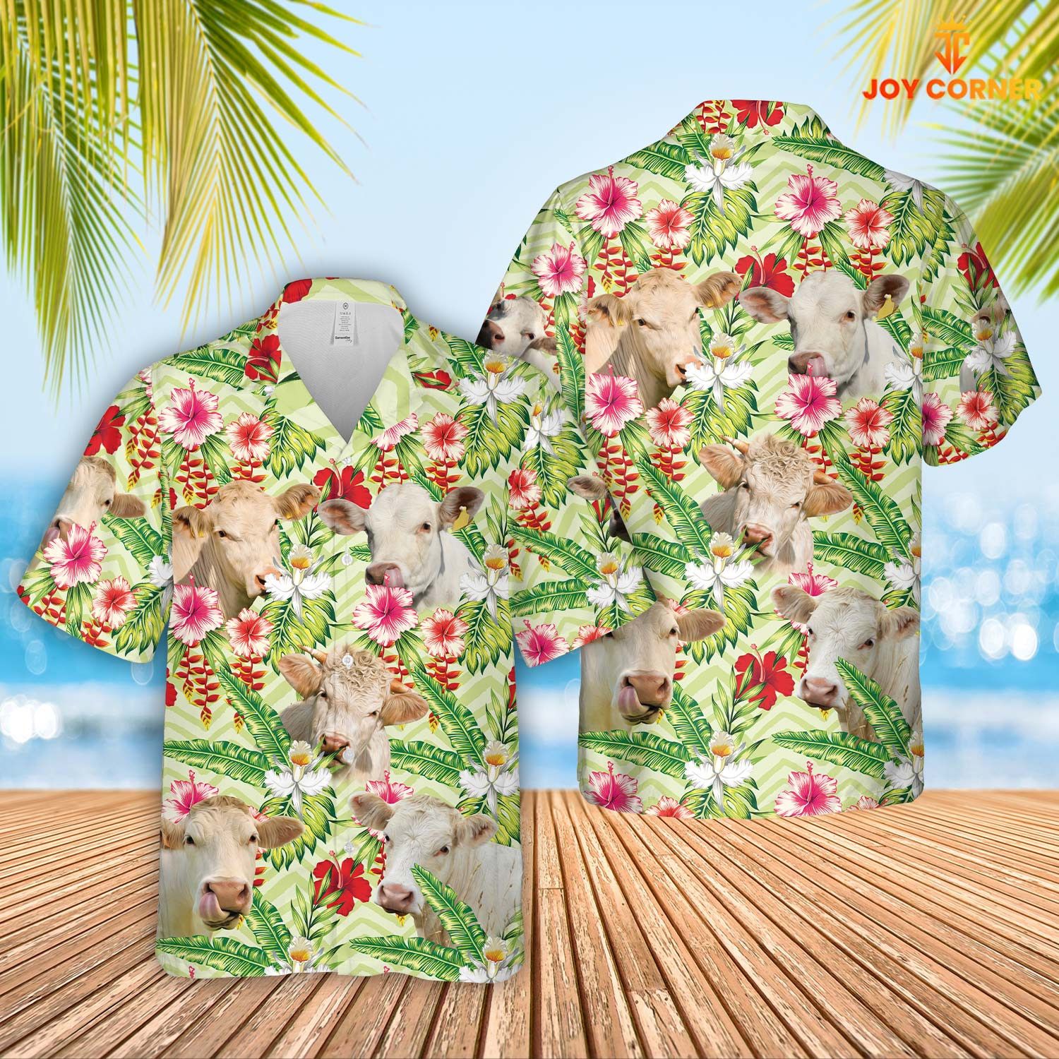 Charolais Displaying Hibiscus Floral Print 3D Hawaiian Shirt