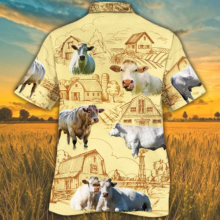 Charolais Farm Trendy Hawaiian Shirt, Farm Cow Short Sleeve Hawaiian Aloha Shirt For Men, Women