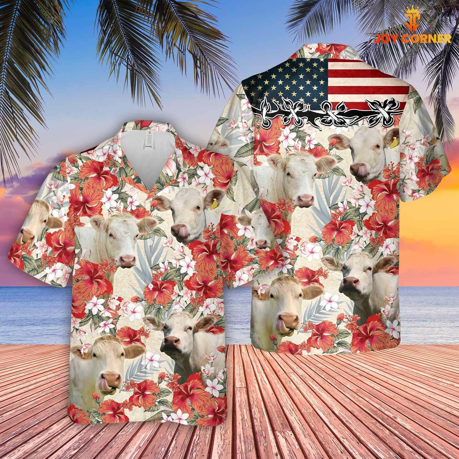 Charolais Floral Us Flag No Horn 3D Hawaiian Shirt Stylish Design