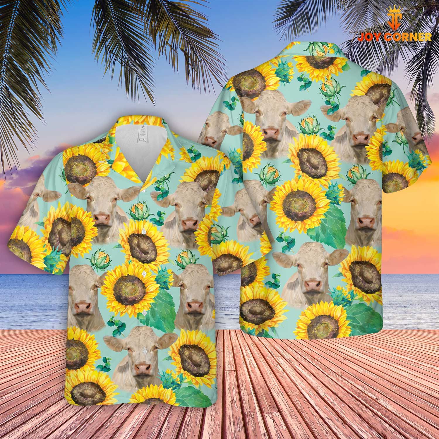 Charolais Hawaiian Shirt Sunflower Farm Scene In 3D Premium Print Quality