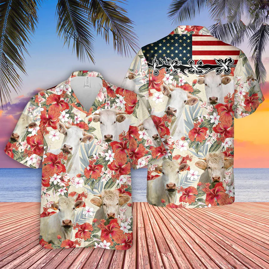 Charolais Hibicus Floral Us Flag 3D Trendy Hawaiian Shirt