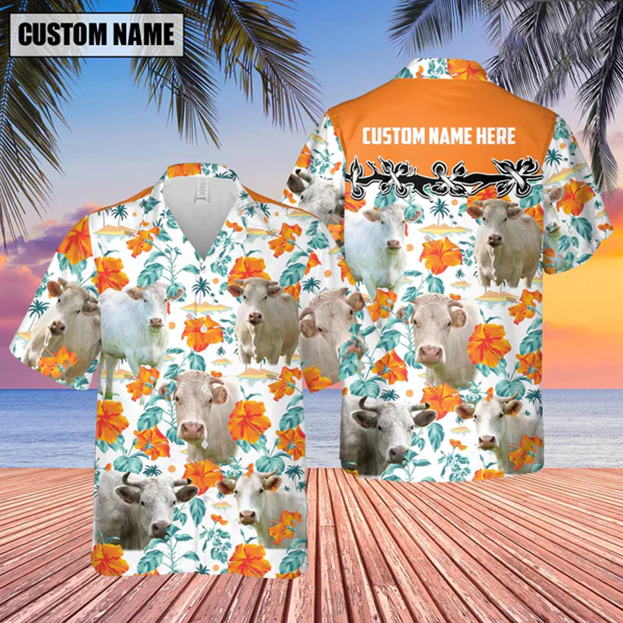 Charolais Hibiscus Floral Custom Name 3D Trendy Hawaiian Shirt, Summer Gifts For Men And Women