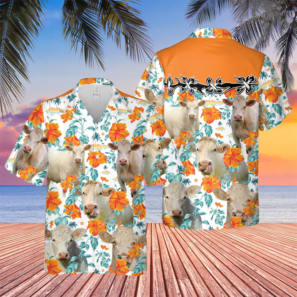 Charolais No Horn Hibiscus Floral 3D Trendy Hawaiian Shirt
