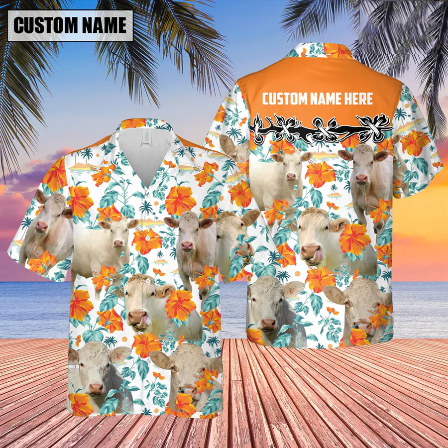 Charolais No Horn Hibiscus Floral Custom Name 3D Trendy Hawaiian Shirt, Summer Gifts For Men And Women