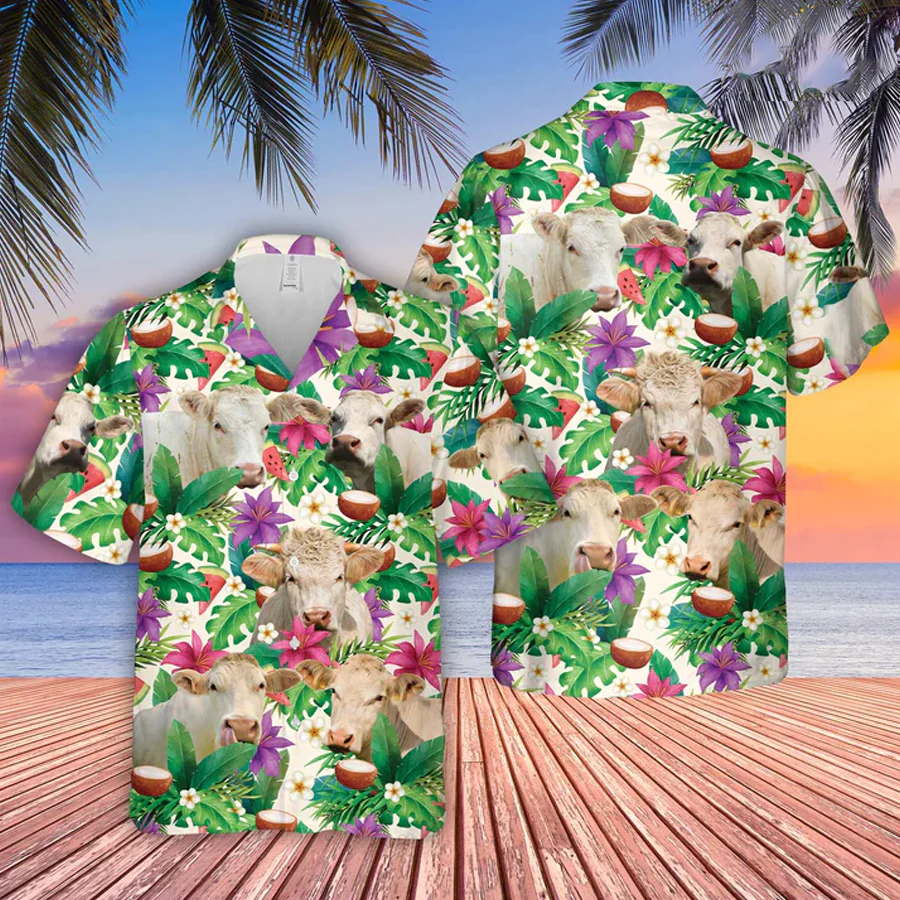 Charolais Summer Floral 3D Trendy Hawaiian Shirt, Farm Lover Hawaii Shirt, Hawaiian Casual Button Down Shirt