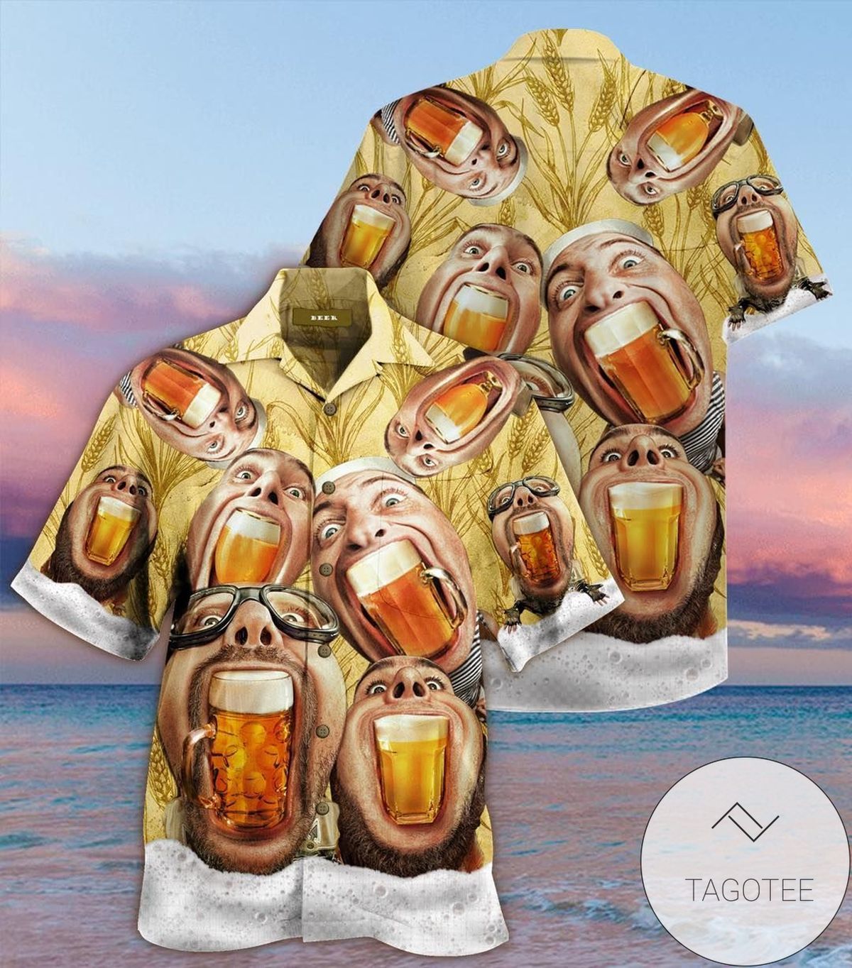 Cheerful Beer Enthusiast Displayed on Hawaiian Shirt