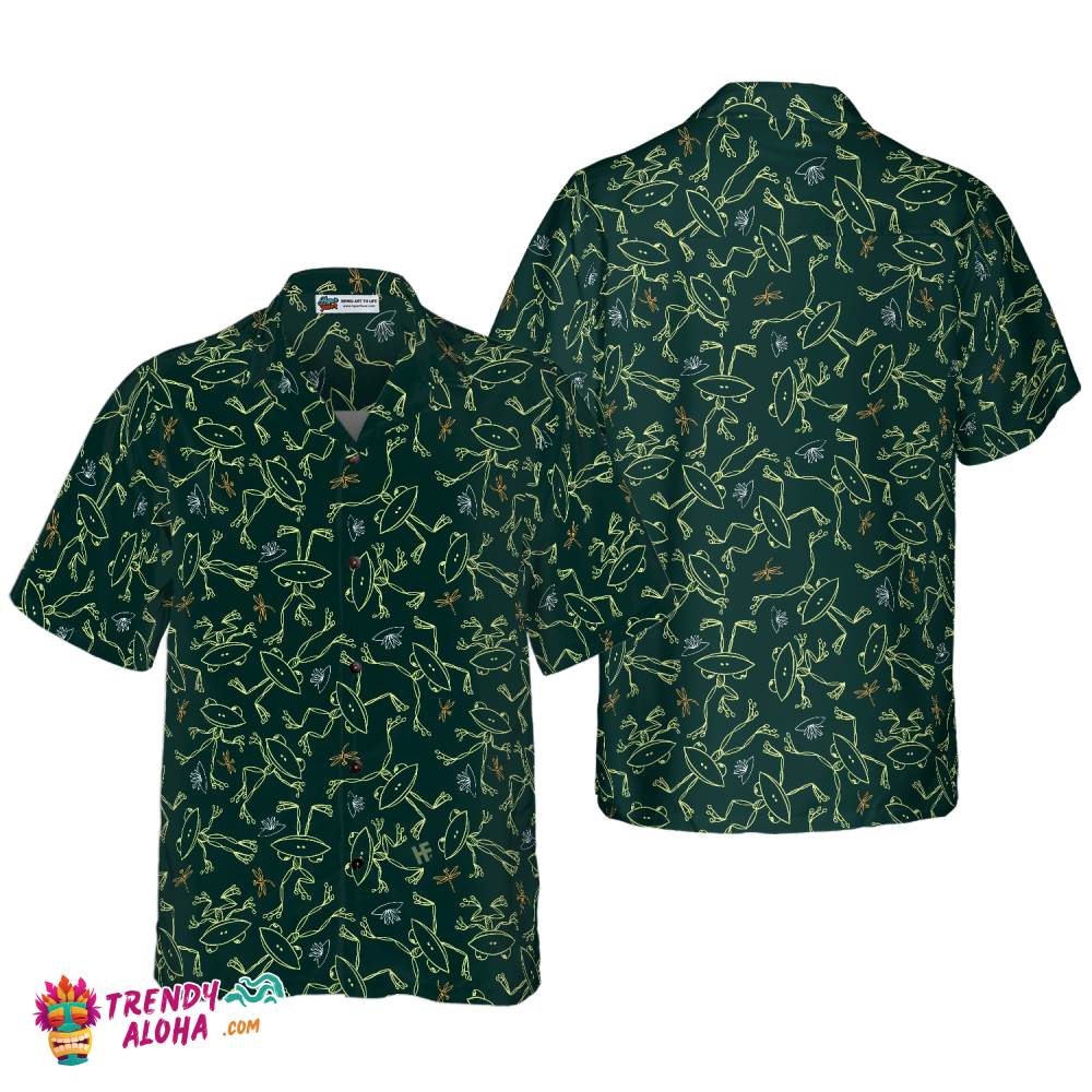 Cheerful Cartoon Frogs & Dragonflies Hawaiian Shirt