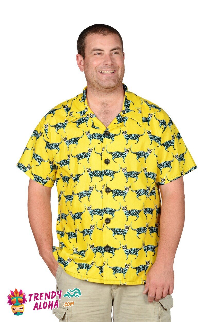 Cheerful Cats Galore Yellow Pattern Casual Hawaiian Shirt for Cat Fans