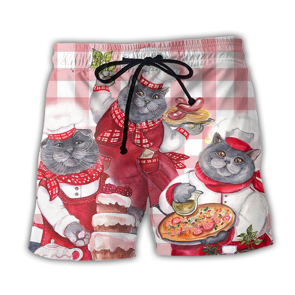 Chef Cute Black Cat Cooking Trendy Aloha Hawaiian Beach Shorts