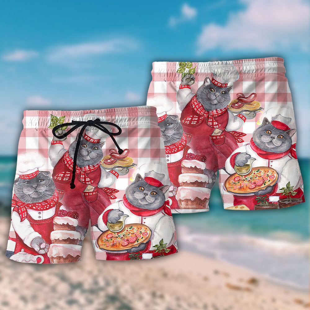 Chef Cute Black Cat Cooking Trendy Aloha Hawaiian Beach Shorts