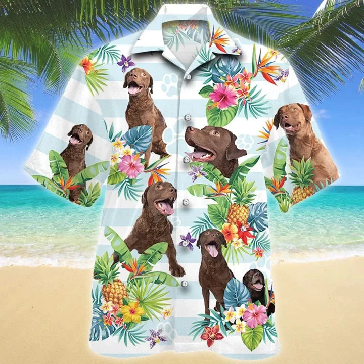 Chesapeake Bay Retriever Dog Tropical Flower Paw Hawaiian Shirt Summer Button Down Mens Hawaiian Shirts Short Sleeve
