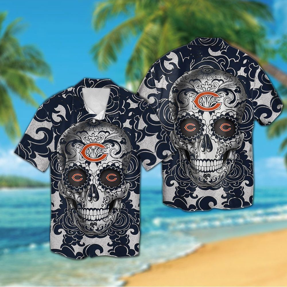 Chicago Bears Sugarskull Short Sleeve Button Up Tropical Hawaiian Shirt