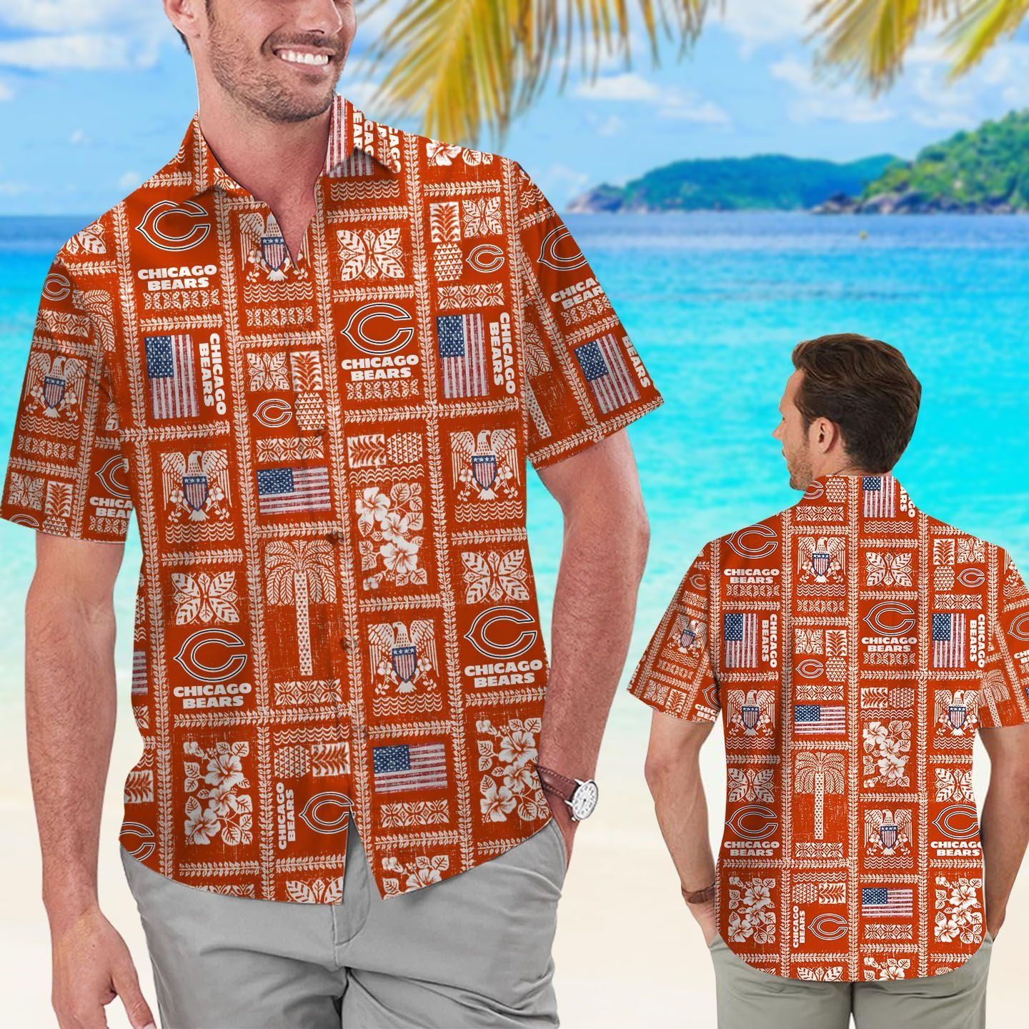 Chicago Bears Summer Commemorative Short Sleeve Button Up Tropical Hawaiian Shirt