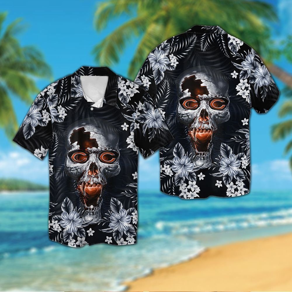 Chicago Bearsskull Short Sleeve Button Up Tropical Hawaiian Shirt VER01