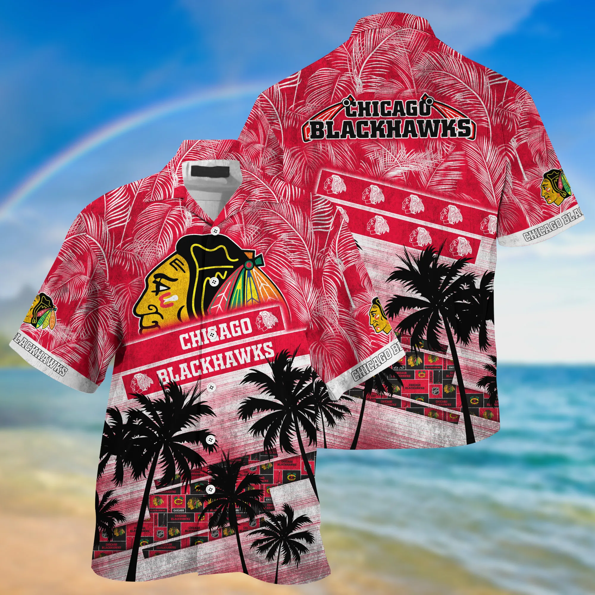 Chicago Blackhawks NHL Palm Tree Pattern Hawaii Shirt For Sports Fans Unisex Sport Hawaii Shirt