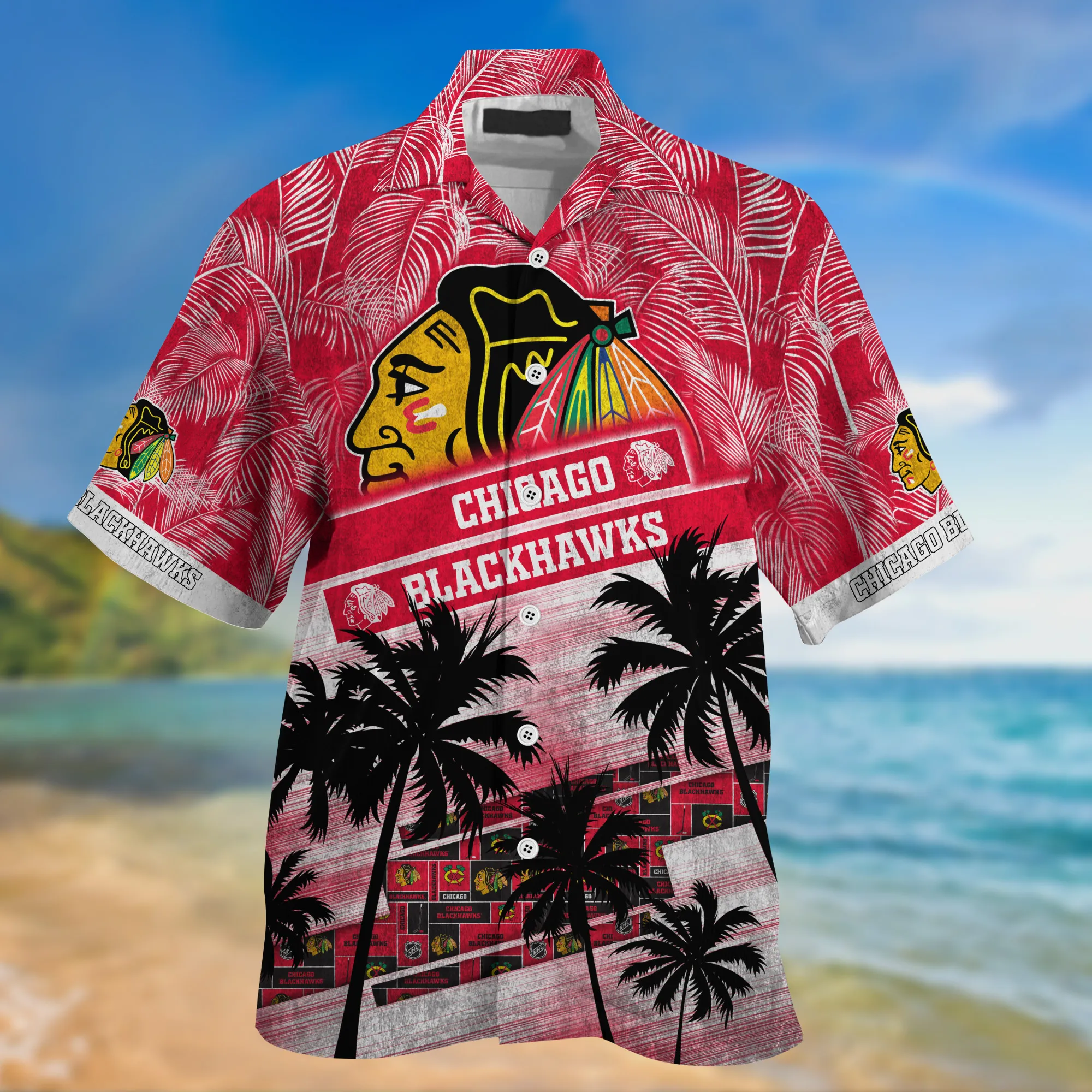 Chicago Blackhawks NHL Palm Tree Pattern Hawaii Shirt For Sports Fans Unisex Sport Hawaii Shirt
