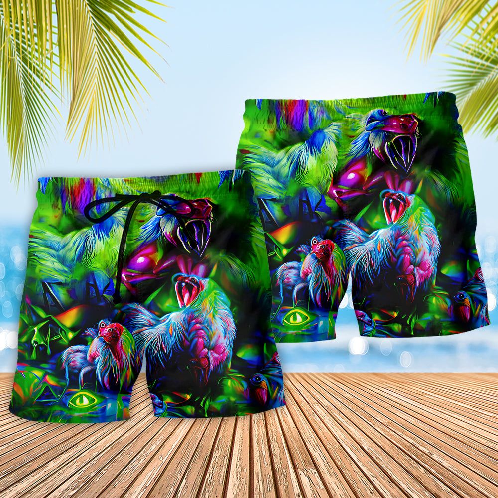 Chicken A Crowing Rooster Funny Neon Trendy Aloha Hawaiian Beach Shorts