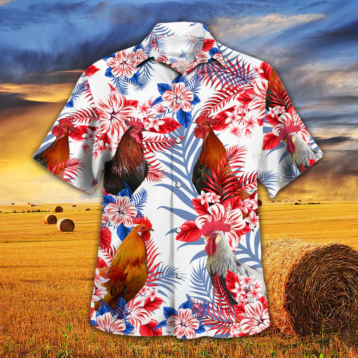Chicken and Flower American Flag Themed Hawaiian Shirt