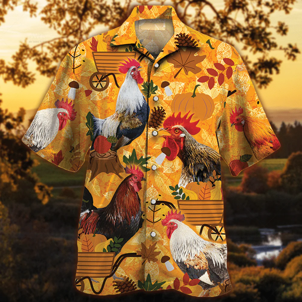 Chicken Embracing Orange Autumn 3D Hawaiian Shirt Unique Design